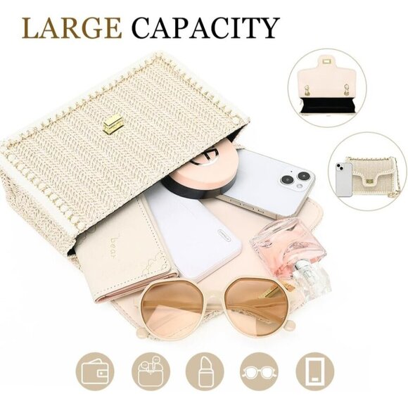 Straw Crossbody Bag Women Pearl Summer Beach Purse Elegant Boho Woven main image 2